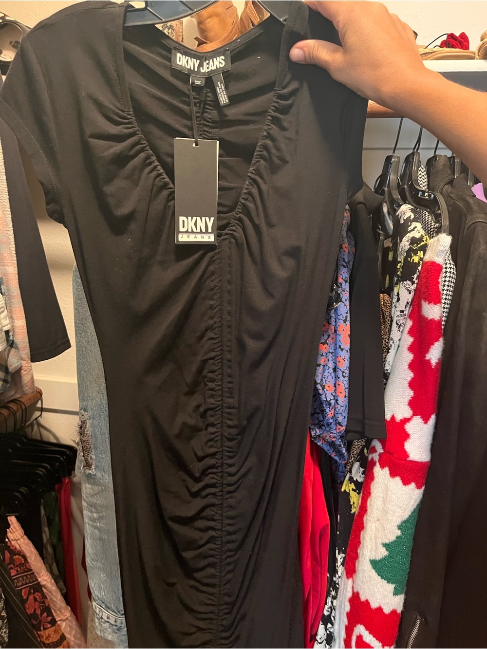 DKNY Black Ruched V-Neck Midi Dress